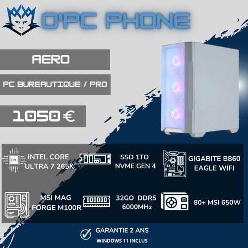 PC BUREAUTIQUE - PRO AERO Intel Ultra 7 265K - 32 Go DDR5 - SSD 1 To - Wi-Fi 6E - Bluetooth. Usage pour particuliers & professionnel.