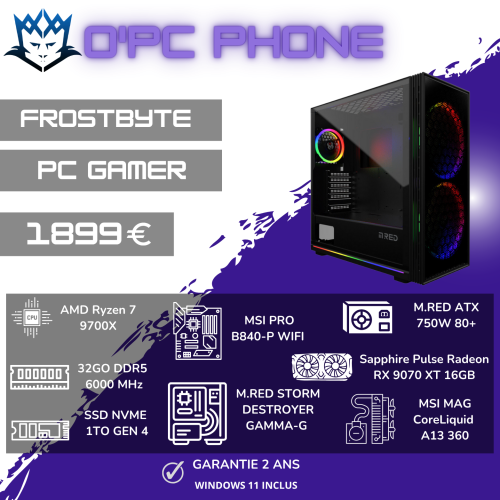 PC Gamer FROSTBYTE Sur Mesure | AMD Ryzen 7 9700X - 32 Go DDR5 - SSD 1 To - RX 9070XT 16GB - Wi-Fi 6E - Bluetooth. Usage pour les Gamer de qualité.