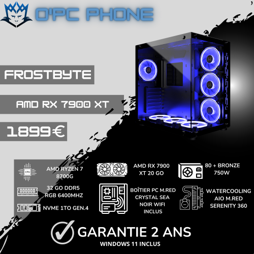 MONTAGE PC GAMER FROSTBYTE RYZEN 7 8700G-RX 7900XT-32GO DDR5-WATERCOOLING BY O'PC PHONE 1899 EUROS