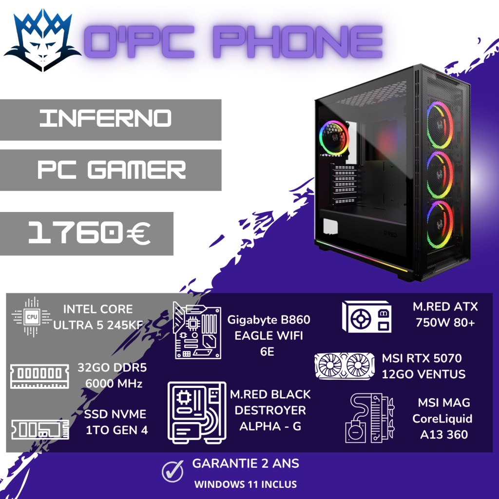PC Gamer INFERNO Sur Mesure | Intel Ultra 5 245KF - 32 Go DDR5 - SSD 1 To - RTX 5070 12GB - Wi-Fi 6E - Bluetooth. Usage pour les Gamer de qualité.