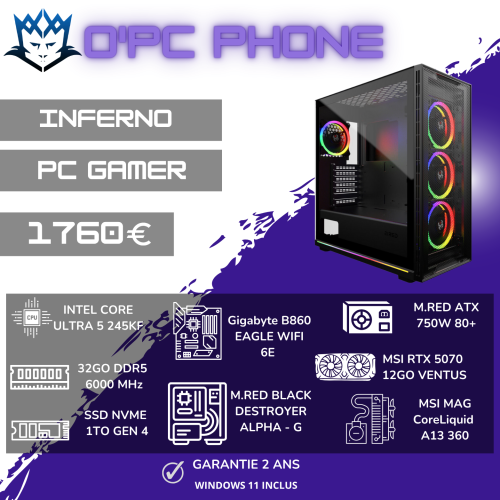 PC Gamer INFERNO Sur Mesure | Intel Ultra 5 245KF - 32 Go DDR5 - SSD 1 To - RTX 5070 12GB - Wi-Fi 6E - Bluetooth. Usage pour les Gamer de qualité.