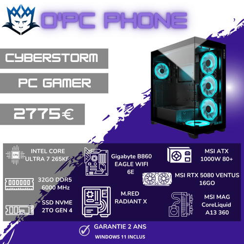 PC Gamer CYBERSTORM Sur Mesure | Intel Ultra 7 265KF - 32 Go DDR5 - SSD 2 To - RTX 5080 16GB - Wi-Fi 6E - Bluetooth. Usage pour les Gamer de qualité.