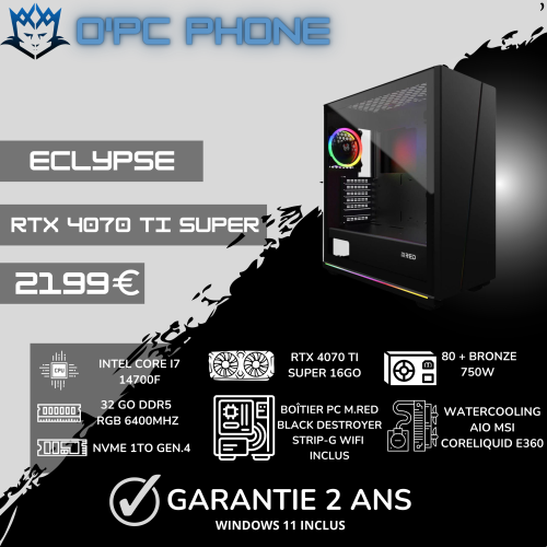 MONTAGE PC GAMER ECLYPSE INTEL CORE I7 14700F-RTX 4070TI SUPER-32GO DDR5-WATERCOOLING BY O'PC PHONE 2199 EUROS