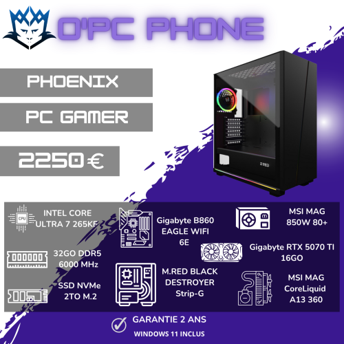 PC Gamer PHOENIX Sur Mesure | Intel Ultra 7 265KF - 32 Go DDR5 - SSD 2 To - RTX 5070TI 16GB - Wi-Fi 6E - Bluetooth. Usage pour les Gamer de qualité.