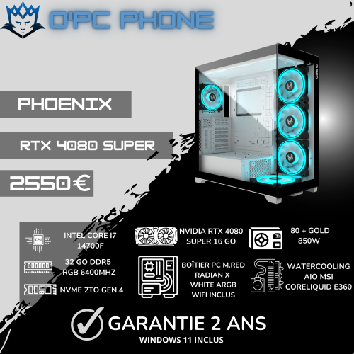 MONTAGE PC GAMER INFERNO INTEL CORE I7 14700F-RTX 4080 SUPER-32GO DDR5-WATERCOOLING BY O'PC PHONE 2550 EUROS