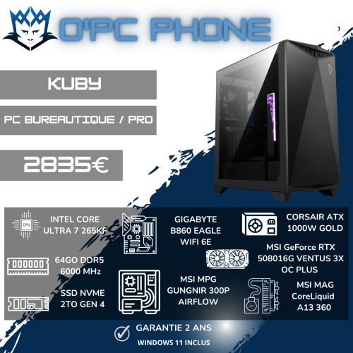 PC BUREAUTIQUE - PRO KUBY | Intel Ultra 7 265KF - 64 Go DDR5 - SSD 2 To - RTX 5080 - Wi-Fi 6E - Bluetooth. Usage pour particuliers & professionnel.